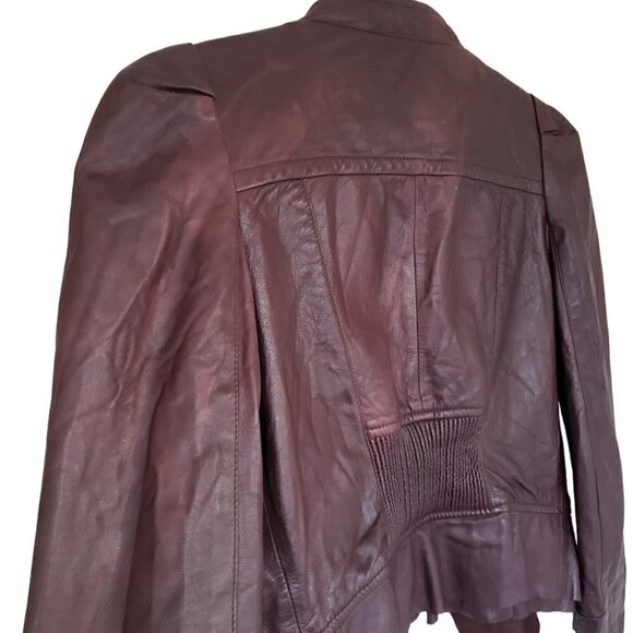 Eva Ouxiu Burgundy Lambskin Leather Crop Slim Fit Ruffled Moto Jacket - Picture 10 of 13